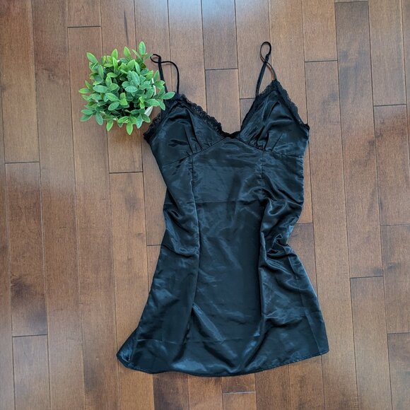 BLACK LACE DETAIL VINTAGE SATIN SLIP DRESS - Picture 1 of 3